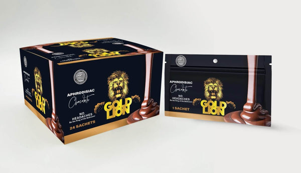 Gold Lion Chocolate Aphrodisiac 24 Piece Display with sachets for stamina and performance enhancement.