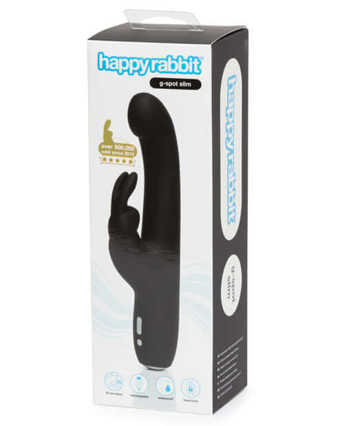 Happy Rabbit Slimline G-Spot Vibrator packaging by Lovehoney in black with 15 vibration settings.