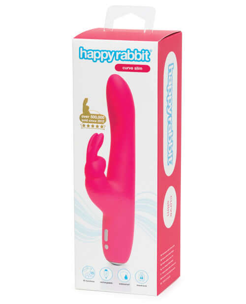 Happy Rabbit Slimline Curve Vibrator packaging, showcasing pink dual stimulation design with 15 vibration modes.