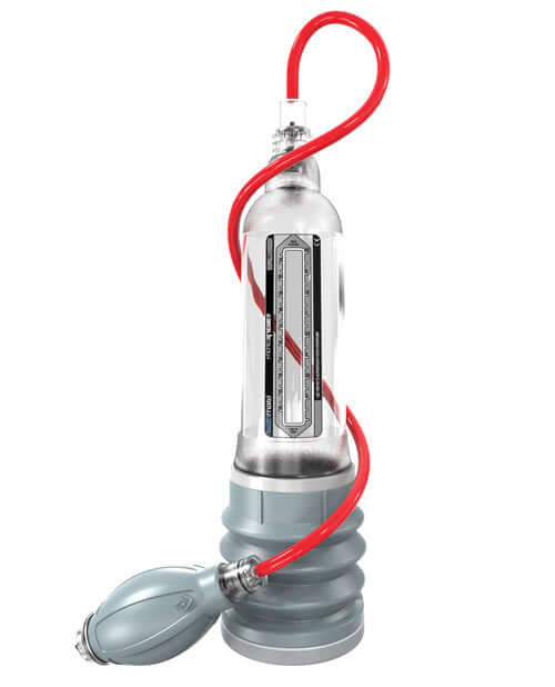 Bathmate Hydroextreme 9 Crystal Clear Penis Pump with red hose and detachable handball for advanced hydropump performance.