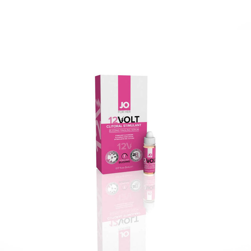 Jo 12 Volt Clitoral Stimulant packaging with a small bottle, designed for maximum strength topical pleasure.