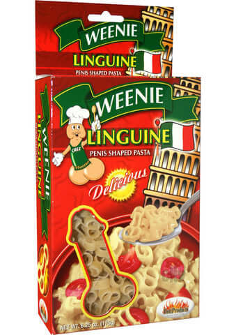 Weenie Linguine penis-shaped pasta package showcasing playful and cheeky design for fun culinary experiences.