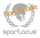 "Spartacus Leathers logo featuring handmade craftsmanship with Spartan helmet design"