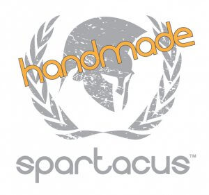 "Spartacus Leathers logo featuring handmade craftsmanship with Spartan helmet design"