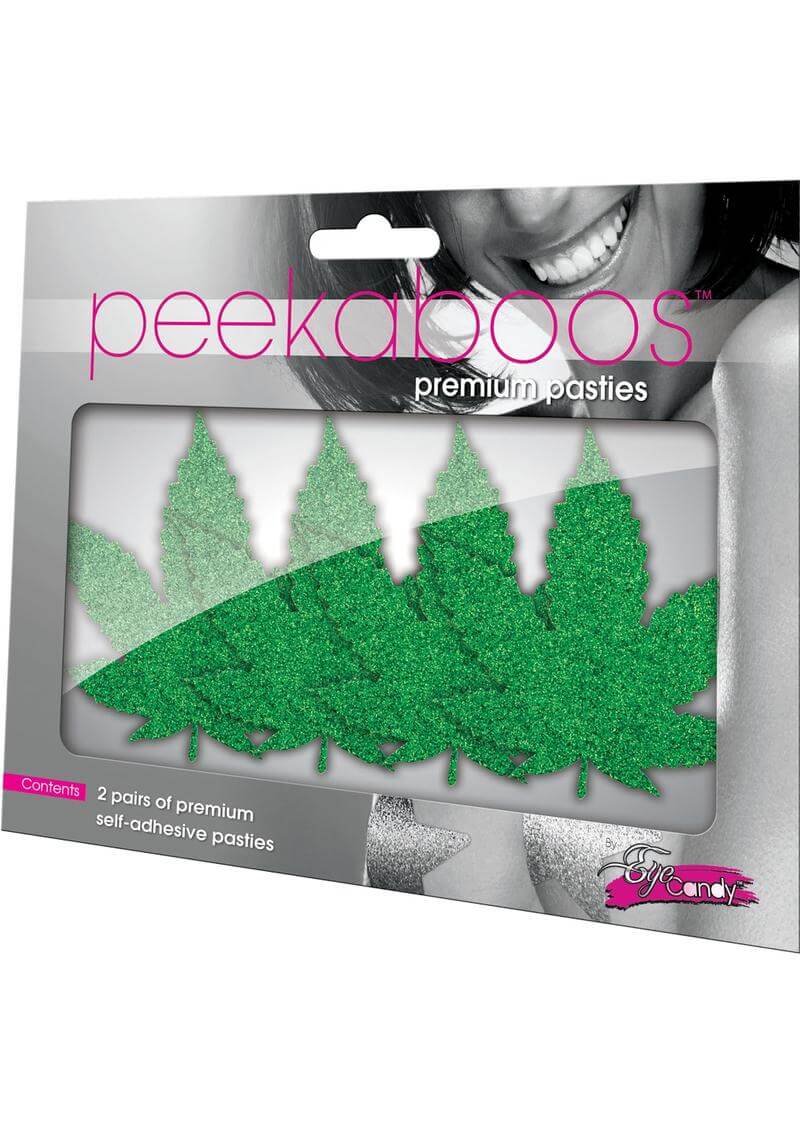 Green Mary Jane leaf-shaped self-adhesive pasties in packaging, labeled Peekaboo Premium Pasties.
