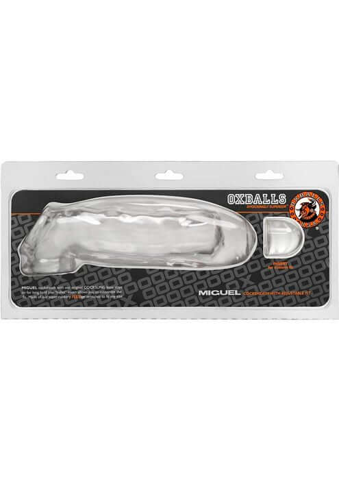 Clear Oxballs Miguel Uncut Cocksheath in packaging, realistic and vein-covered design, for enhancing girth and experiencing an uncut sensation.
