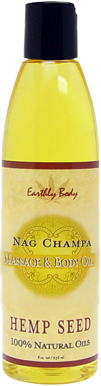 Earthly Body Nag Champa Massage Oil bottle with Hemp Seed and 100% Natural Oils, 8oz for luxurious skincare hydration and professional glide