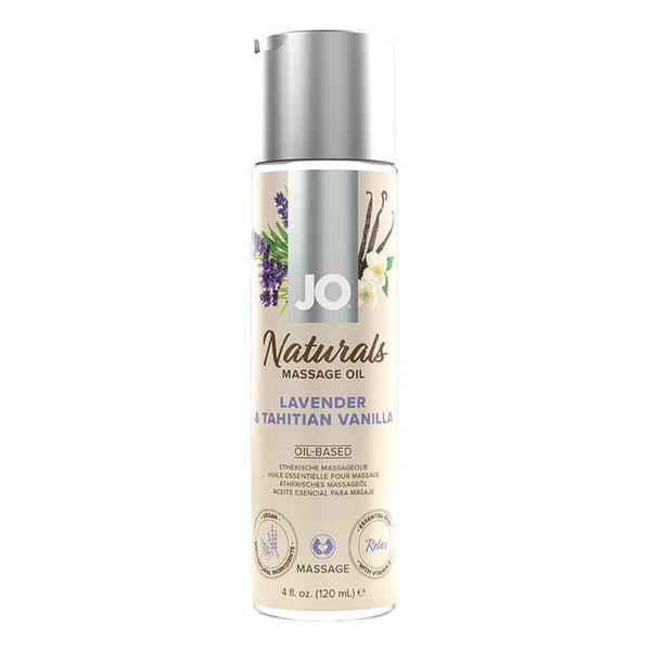JO Naturals Lavender & Tahitian Vanilla Massage Oil bottle, 4oz, with natural ingredients label.