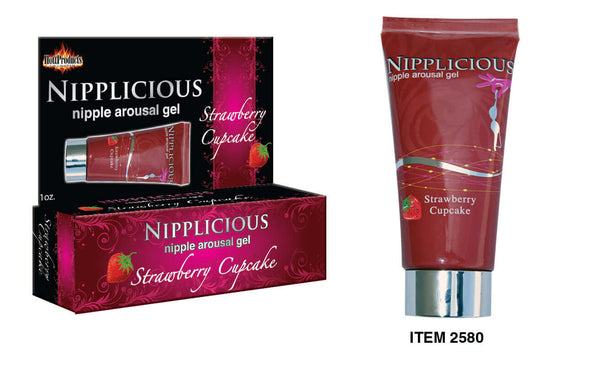 Nipplicious Strawberry Cupcake Arousal Gel 1 oz tube with packaging, enhancing intimate moments with a tantalizing flavor.