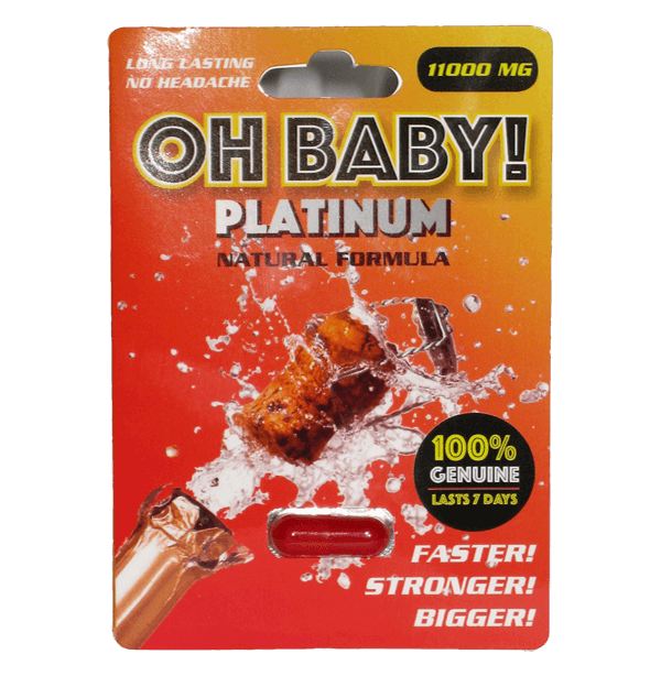 Oh Baby Platinum Natural Formula capsule display featuring bold branding and claims of stamina support.