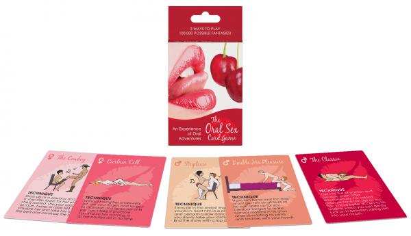 "The Oral Sex Card Game by Kheper Games showing cards for unique foreplay and oral sex positions for couples"