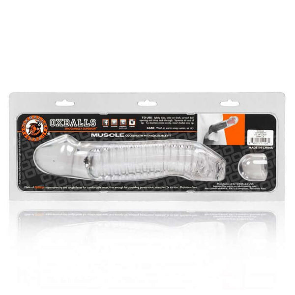 Oxballs Muscle Smooth Cock Sheath packaged in its original box showing the innovative design and material for deeper pleasures.