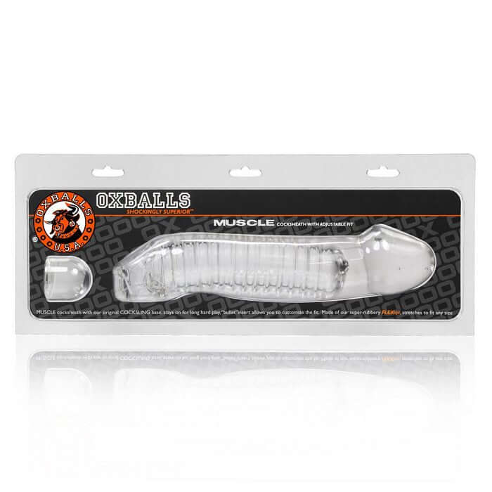 Oxballs Muscle Smooth Cock Sheath in packaging, transparent TPR design offering deep sucking sensation and intense pleasure enhancement.