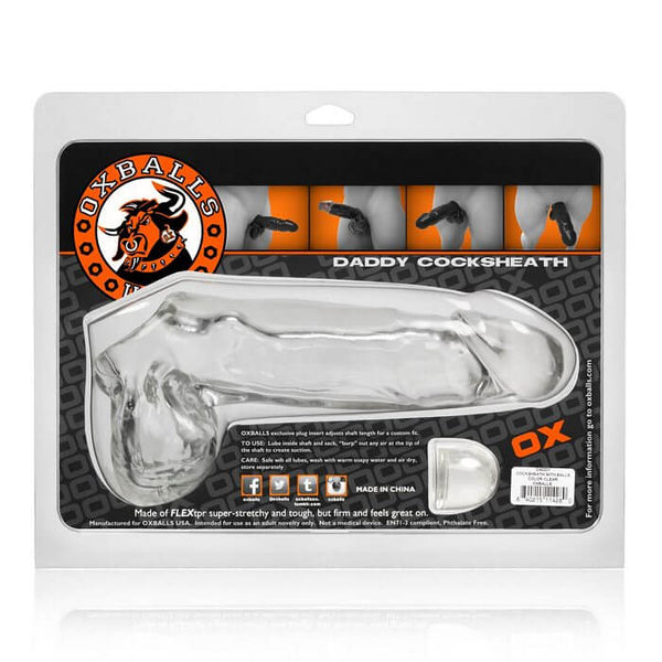 Daddy Cock Sheath with Balls from Oxballs packaging showing realistic design and Flex-TPR material for a thicker, fleshier feel.