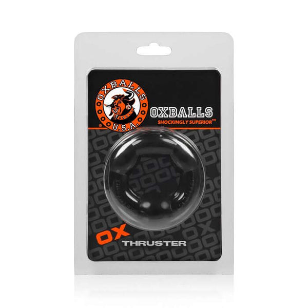 Oxballs Thruster Cock Ring Black packaging featuring a sleek black design and bold branding details.