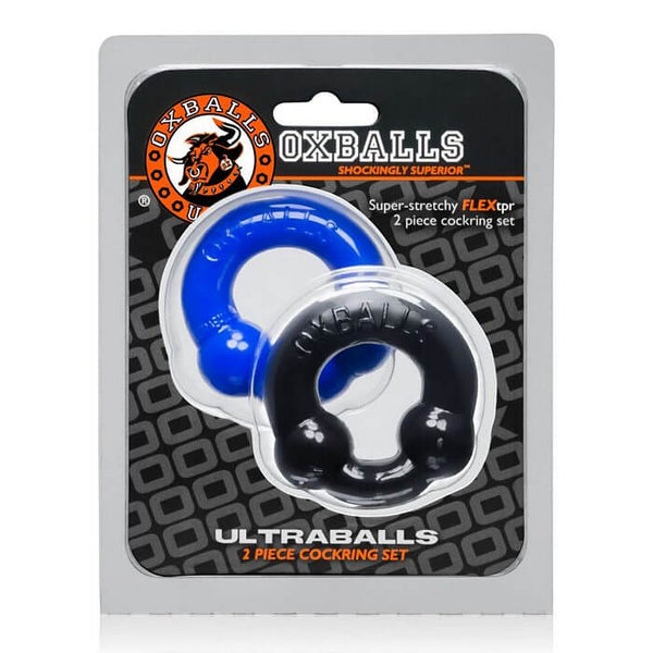 Ultra Balls Cock Ring Duo-Pack featuring blue and black rings in original packaging by Oxballs.