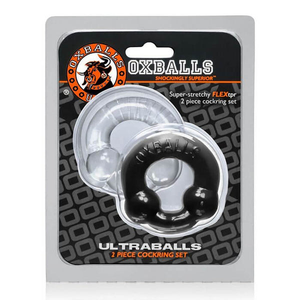 Oxballs Ultra Balls Cock Ring 2 Pack packaging with stretchable Flex-TPR design for enhanced performance and dual nodules for added pressure.
