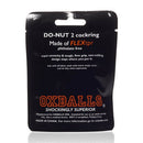 Packaging of Atomic Jock Donut 2 Fatty Cock Ring by Oxballs, showcasing FLEXtpr material, phthalate-free, super-stretchy grip, and firm support.