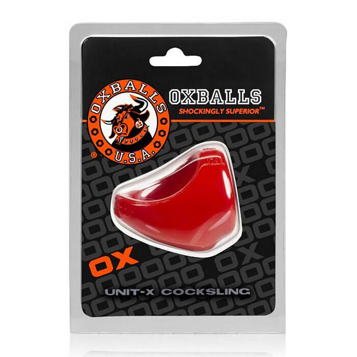 Oxballs Unit-X Cock Sling in package - sleek red and black design for ultimate pleasure and performance.