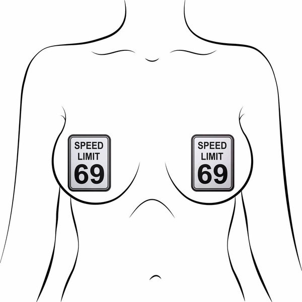 Speed Limit 69 Pasties on a silhouette, showcasing waterproof, medical grade adhesive nipple covers for stylish allure.