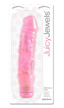 Juicy Jewels Precious Pink Vibrator in packaging with realistic phallic design, curved head, folds, and veins for vaginal and clitoral stimulation.