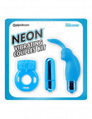 Neon Vibrating Couples Kit Blue by Pipedreams - Includes silicone mini rabbit vibe, stretchy vibrating cock ring, and removable bullet