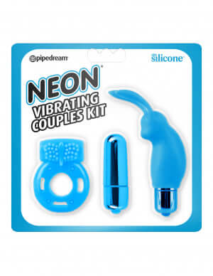 Neon Vibrating Couples Kit Blue by Pipedreams - Includes silicone mini rabbit vibe, stretchy vibrating cock ring, and removable bullet