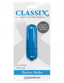Classix Back To Basics Pocket Bullet Vibrator Blue in packaging, powerful on-the-go vibrations, travel-ready, waterproof, sleek design