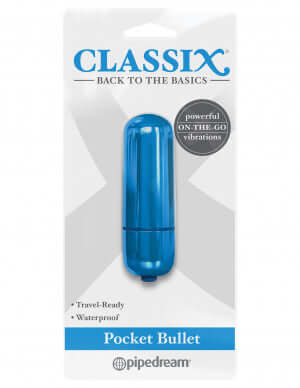 Classix Back To Basics Pocket Bullet Vibrator Blue in packaging, powerful on-the-go vibrations, travel-ready, waterproof, sleek design