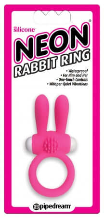 Neon Rabbit Ring Pink waterproof vibrating ring with one-touch control and whisper-quiet operation in retail packaging.