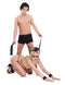 Couple using Fetish Fantasy Animal Instincts 5-piece Bondage kit with purple zebra pattern blindfold, gag, and restraints for BDSM play.