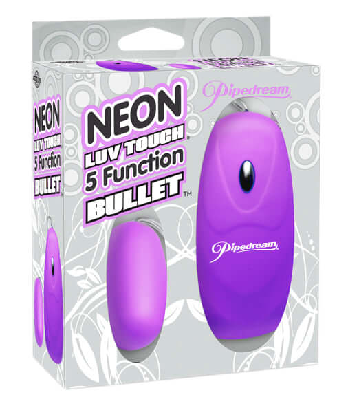 Neon Luv Touch 5 Function Bullet Vibrator Purple in ergonomic packaging showcasing the sleek, ultra-soft pleasure product.