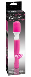 Mini Wanachi Waterproof Massager in pink packaging, featuring silicone multi-speed, waterproof design with flexible head