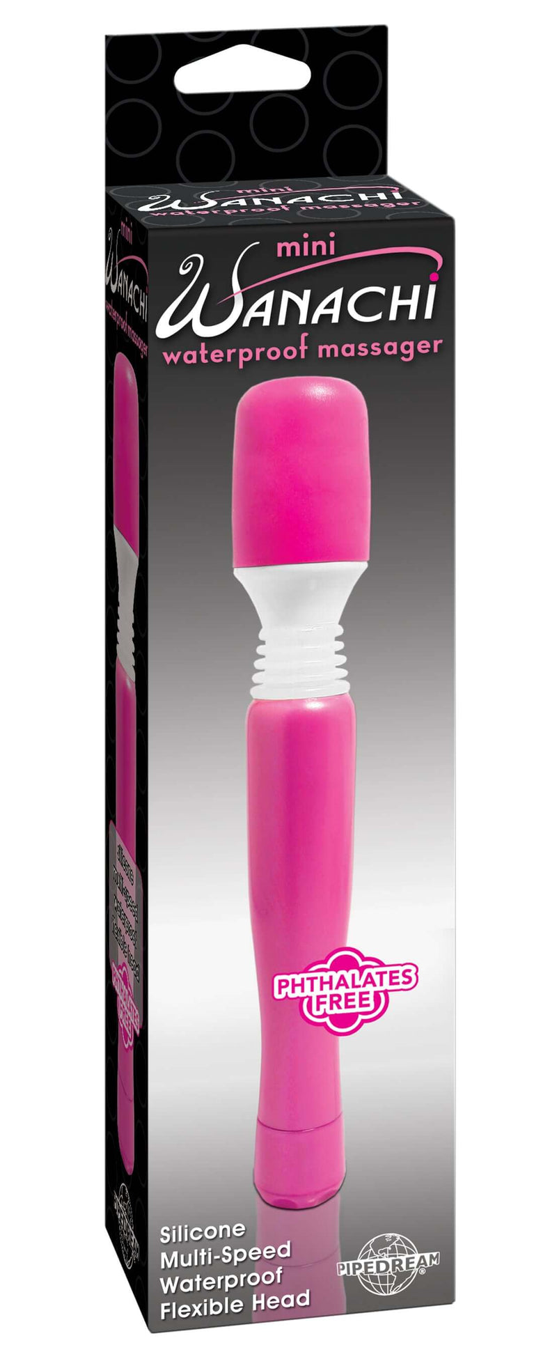 Mini Wanachi Waterproof Massager in pink packaging, featuring silicone multi-speed, waterproof design with flexible head