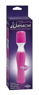 Maxi Wanachi Waterproof Massager in pink packaging with silicone, multi-speed, and waterproof features displayed.