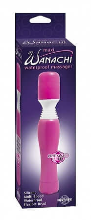 Maxi Wanachi Waterproof Massager in pink packaging with silicone, multi-speed, and waterproof features displayed.