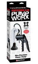 Pump Worx Max Precision Power Pump packaging showing the handheld penis pump and features.