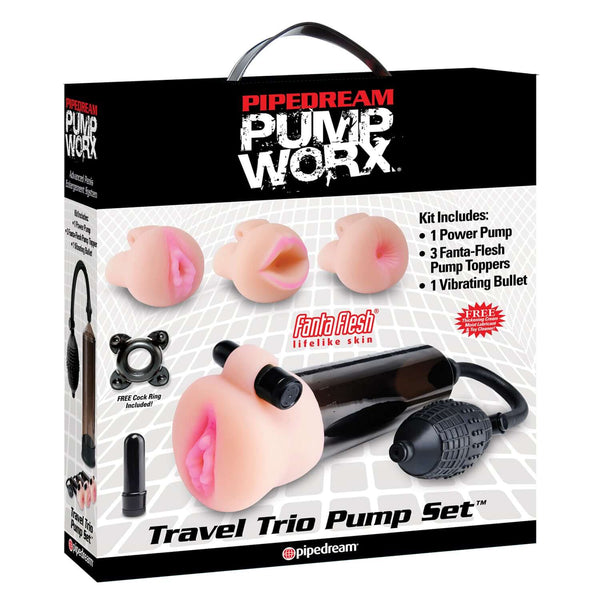Pump Worx Travel Trio Pump Set with 1 Power Pump, 3 Fanta-Flesh Pump Toppers, 1 Vibrating Bullet, and Cock Ring in travel box