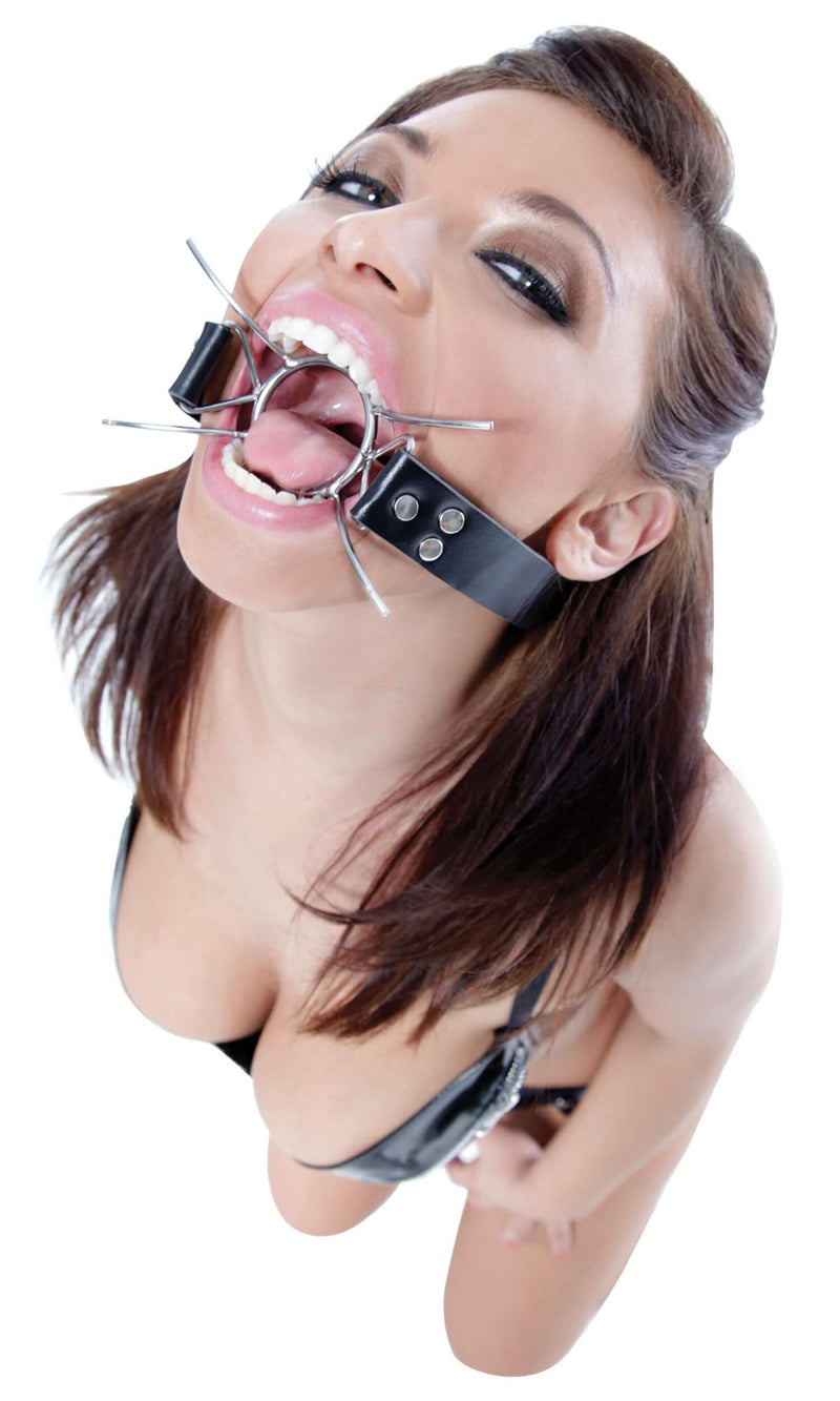 Woman wearing Fetish Fantasy Extreme Spider Gag with mouth wide open