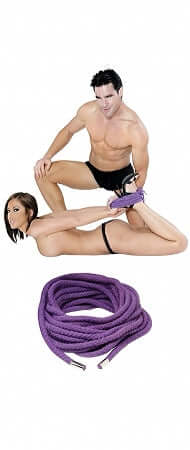 Couple using Fetish Fantasy Series Japanese Silk Rope Purple for bondage play, with a close-up of the super-soft and durable silk rope.
