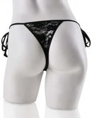 Fetish Fantasy Series black lace string bikini g-string panty back view on mannequin, features hidden remote-controlled micro bullet.
