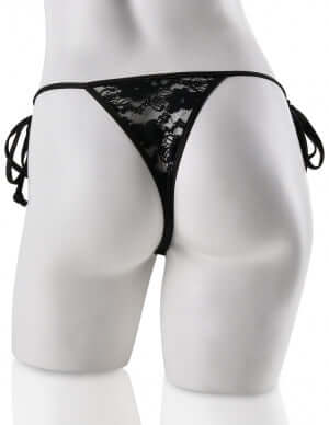 Fetish Fantasy Series black lace string bikini g-string panty back view on mannequin, features hidden remote-controlled micro bullet.