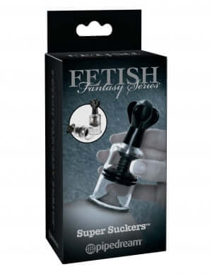 Fetish Fantasy Limited Edition Super Suckers Black in box, showing nipple pump with twist dial for powerful suction and increased nipple sensitivity