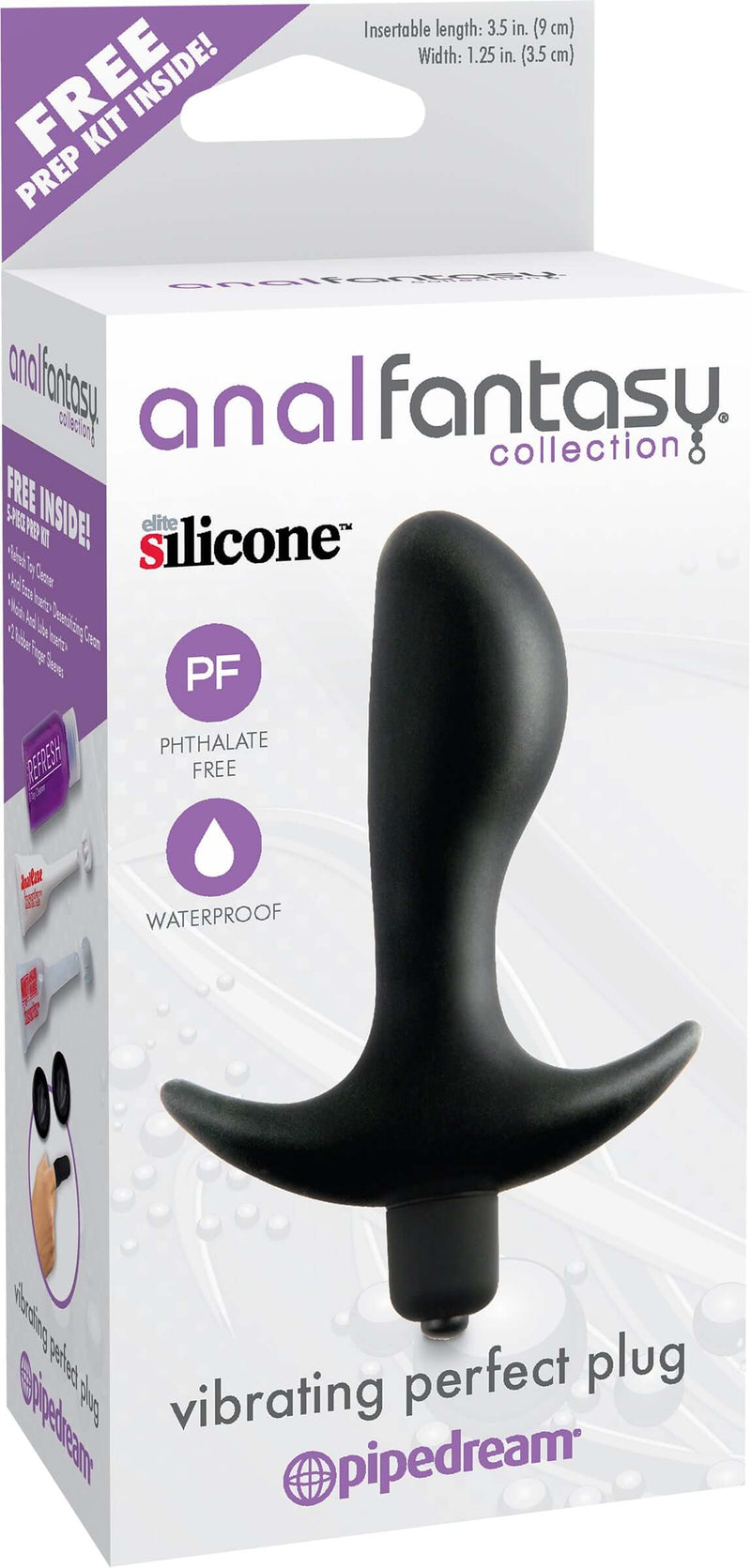 Anal Fantasy Vibrating Perfect Plug with ergonomic base and tapered tip in retail packaging.