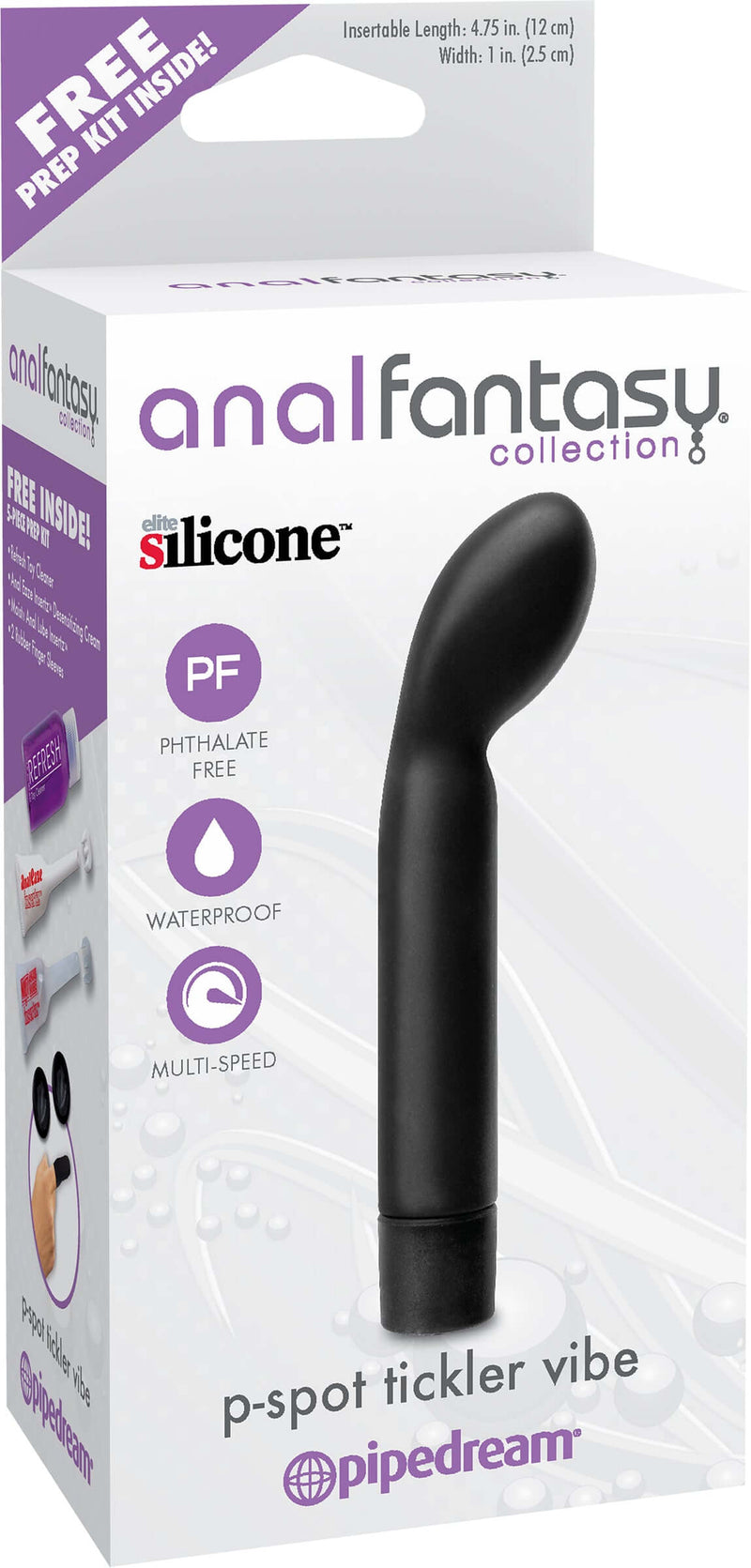 P-Spot Tickler Vibe in packaging from Anal Fantasy Collection by Pipedream - silicone, waterproof, phthalate-free, multi-speed anal stimulator