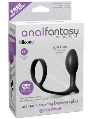 Packaging of Ass-Gasm Cock Ring Beginners Plug with Elite Silicone for enhanced performance and prostate stimulation in black.