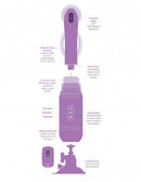 Diagram of Fantasy For Her Love Thruster Purple Vibrator, showing its features including powerful motor, thrusting action, and remote control.
