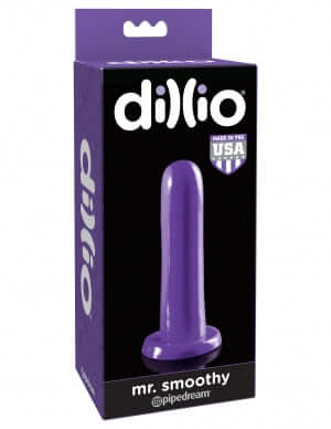 Pipedream Dillio Mr Smoothy Purple Dong in packaging with suction cup base and harness compatibility