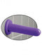 Dillio Mr Smoothy Purple Dong with suction cup base sticking to tiled wall for hands-free use.