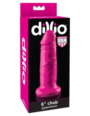 Dillio 6 inches Chub Dildo Pink packaging showcasing suction cup base and strap-on compatibility.